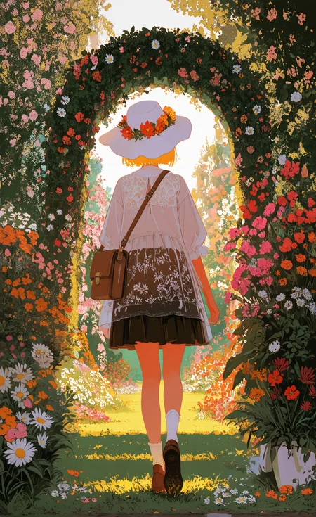 masterpiece, best quality, good quality, very awa, newest, highres, absurdres, 1girl, solo, short hair, skirt, blonde hair, dress, hat, standing, flower, outdoors, shoes, socks, front view, bag, white headwear, brown footwear, leaf, white socks, white flower, grass, plant, red flower, pink flower, walking, shoulder bag, hat flower, wide shot, orange flower, arch, daisy, garden, limited palette, <lora:illustriousXL_stabilizer_v1.23:0.3> <lora:NOOB_vp1_detailer_by_volnovik_v1:0.3> <lora:ponyv6_noobE11_2_adamW-000017:0.3> <lora:114558v4df2fsdf5:0.6> <lora:XXX667:0.4> <lora:mon_monmon2133:0.5>