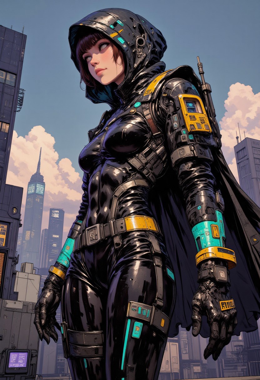 score_9, score_8_up, score_7_up, (censorship:0.1), (Fantasy woman).
(cyberpunk shadow hacker femme fatale:1.6), (mysterious and ultra-skilled night operative cloaked in data streams:1.6),  
(sleek skin-tight bodysuit made of dark synthetic fabric, clinging to her curves:1.6),  
(embedded fiber-optic lines pulsing in rhythm with data flow:1.6),  
(translucent hood casting soft digital glow over her shadowed face:1.5),  
(luminous eyes displaying encrypted code and scrolling overlays in real-time:1.6),  
(cybernetic gloves with ultra-sensitive fingertips interacting with floating holographic terminals:1.6),  
(utility belt lined with compact EMP charges, encrypted drives, and sleek hacking tools:1.5),  
(background: neon-smeared rooftop near a digital relay tower, faint holograms flickering:1.5),  
(posture poised between crouch and rise, fingers extended toward suspended code grid:1.5),  
(foggy cyberpunk skyline, gentle blue and purple underlight:1.5),  
(highly detailed: data reflections, soft digital texture, code-saturated shadows:1.5), (4K), (full-length), (beautiful face)