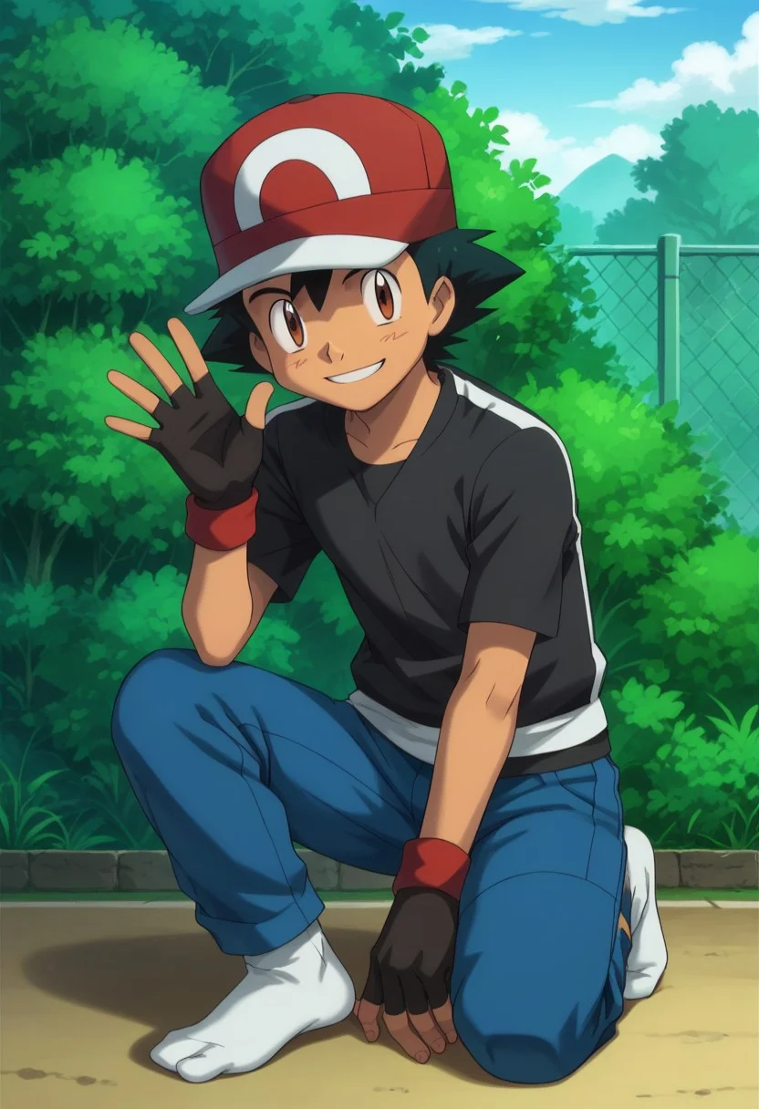 score_9, score_8_up, score_7_up, source_anime, highly detailed, 1boy, solo, male_focused
ash_ketchum, hat, brown eyes, black hair, baseball cap, backwards hat, sittingt on ground, smiling, head tilt, cute, waving, no shoes, white socks, pants, black shirt, gloves,