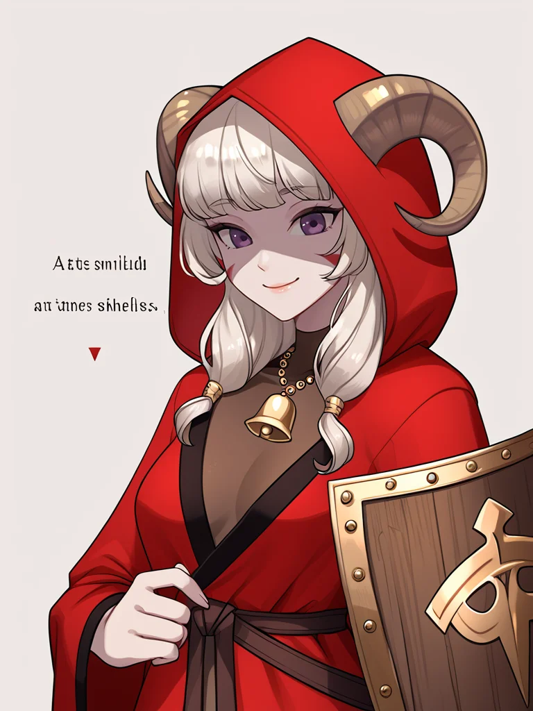 <lora:kite_shield:0.6>(holding kite_shield, kite_shield connected girl's calf, solo, one shield, focus on kite_shield: 1.2), source_furry, score_7_up, rating_safe tiefing, short pointy ears, (a pair of brown sheep Horns that begin at her temples and curve back: 1.5), bangs, long silver wavy hair, pale skin, <lora:whisker_markings:0.8> red whisker_markings purple eyes, <lora:age_slider_v4:0.5> medium breasts, skinny female, <lora:Tieflingnew weird fantasyDND:0.3> Tiefling, cowboy shot, <lora:Smooth Style 2 SDXL_LoRA_Pony Diffusion V6 XL:0.3> bell, brown robe, hood off, <lora:Nanoless_Artist_Style_PonyXL:0.4> gold necklace, simple background, close up ,shaded face, naughty face,