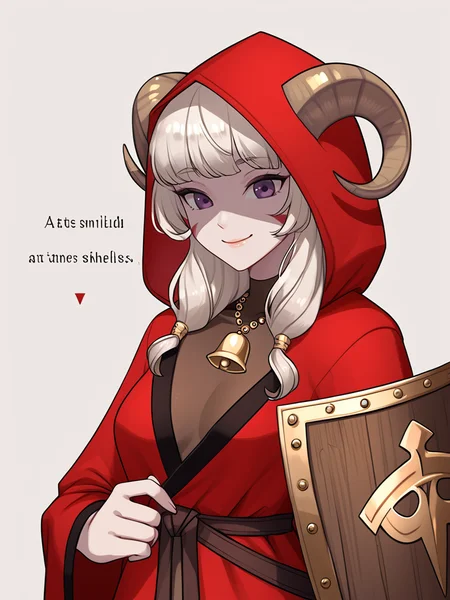 <lora:kite_shield:0.6>(holding kite_shield, kite_shield connected girl's calf, solo, one shield, focus on kite_shield: 1.2), source_furry, score_7_up, rating_safe tiefing, short pointy ears, (a pair of brown sheep Horns that begin at her temples and curve back: 1.5), bangs, long silver wavy hair, pale skin, <lora:whisker_markings:0.8> red whisker_markings purple eyes, <lora:age_slider_v4:0.5> medium breasts, skinny female, <lora:Tieflingnew weird fantasyDND:0.3> Tiefling, cowboy shot, <lora:Smooth Style 2 SDXL_LoRA_Pony Diffusion V6 XL:0.3> bell, brown robe, hood off, <lora:Nanoless_Artist_Style_PonyXL:0.4> gold necklace, simple background, close up ,shaded face, naughty face,