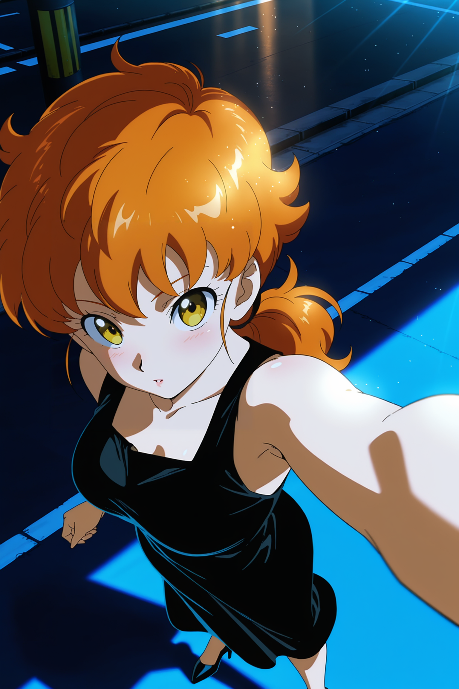 anime screencap, masterpiece, best quality, amazing quality, very aesthetic, absurdres,  newest, (scenery, volumetric lighting), official style, dappled sunlight, light particles, light rays,
piiza, yellow eyes, ponytail, orange hair, night, street, sleeveless dress, shiny skin, sparkle, black dress, high heels, from above, selfie, moonlight, light rays, 
 <lora:GirlsofDB_Pack1_IL:0.8>