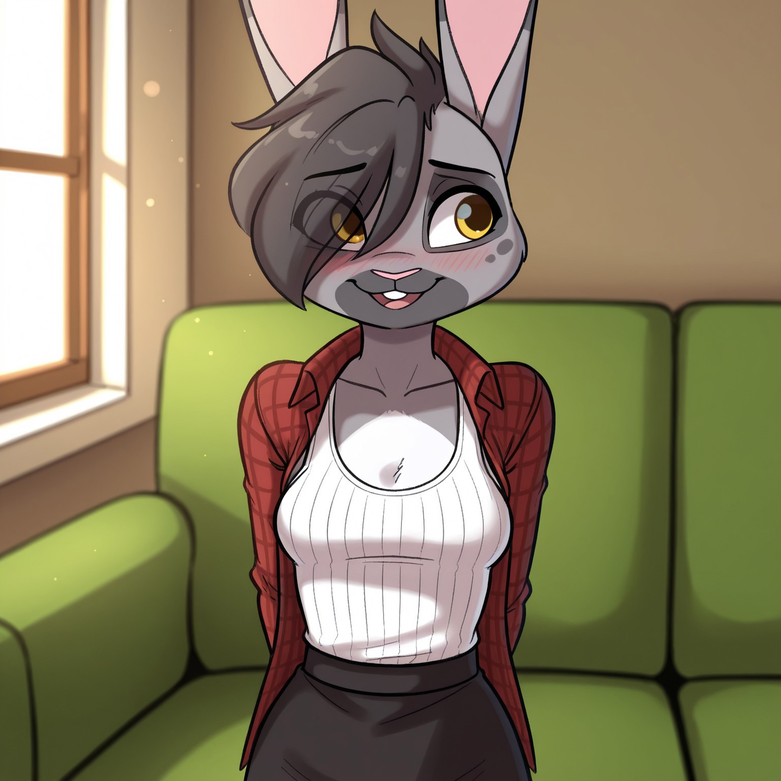 uncensored, masterpiece, best quality, highly detailed, 1girl, solo, CatherineHopps, female furry, anthro, lagomorph, bunny, pink inner ear, black hair, short hair, pink nose, yellow eyes, black pupils, grey body, grey fur, multicolored body, buckteeth, small breasts, grey tail, (white tank top, red shirt, open shirt, checkered shirt, black skirt) smile, open mouth, buckteeth, looking away, shy, standing, upper body, living room, window, indoors, (front view), detailed background, three-quarter portrait, (hands behind back, blushing, short female, short), morning, green couch, hair over one eye, eyes visible through hair