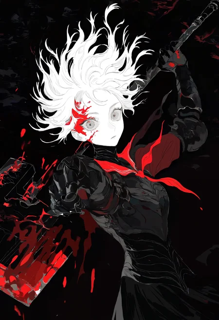 masterpiece, highres, absurdres, newest, very awa, (muted color, unfinished, limited palette:1.2), 1girl, solo, white hair, grey eyes, expressionless, floating hair, black dress, black armor, red serafuku, gauntlets, breastplate, small cape, upper body, dynamic angle, dynamic pose, holding weapon, giant hammer, black hammer, oversized weapon, weapon over shoulder, blood on weapon, blood on clothes, blood on face, wide-eyed, close-up, foreshortening, arm up, abstract background, dark background, looking at viewer, pointing at viewer, straight-on, <lora:spo_sdxl_10ep_4k-data_lora_webui>, <lora:NOOB_EPSv1_1_detailer_by_vlnvk_v1_0>, <lora:mon_monmon2133>