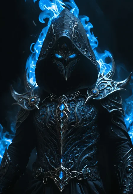dark, extremely detailed, hooded occult figure wearing flame armor, flame blue eyes, mysterious cloaked villain, vaporous swirls of deep black, amazing quality, masterpiece, best quality, hyper detailed, ultra detailed, UHD, perfect anatomy, portrait, DOF, majestic, awesome, inspiring, cinematic, global illumination, dramatic, atmospheric haze, cinematic composition, deep shadows, death scythe, (demon horns), dark aura