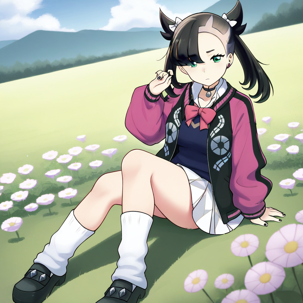 2d, masterpiece, best quality, amazing quality, highres, absurdres, newest, 1girl, solo, sitting, yokozuwari, from above, dutch angle, looking at viewer, day, meadow, outdoors, medium breasts, acmarnie, def colors, green eyes, black hair, asymmetrical bangs, white hair ribbon, black jacket, pink jacket, multicolored jacket, open jacket, blue sweater vest, white collared shirt, long sleeves, pink bowtie, pleated skirt, white skirt, checkered skirt, white socks, loose socks, shoes, black footwear