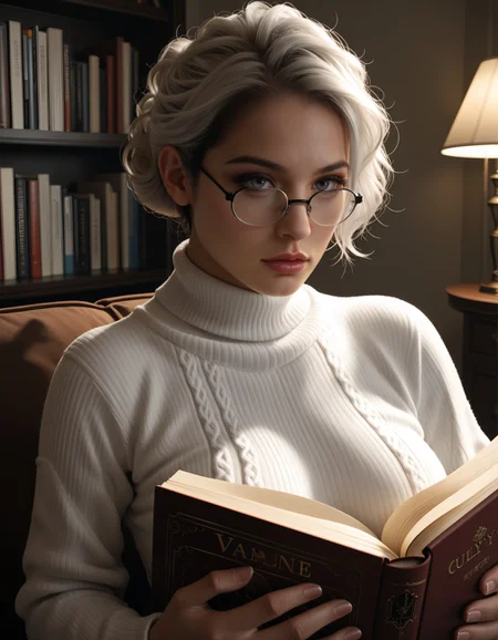 score_9, score_8_up, score_7_up, ada wong, jill valentine, white hair, (curly ponytail:1.2), gray eyes , reading glasses, white sweater , reading a book , cozy atmosphere, warm colors, lamplight, BREAK volumetric lighting, depth of field, cinematic shot, vibrant, detailed, dramatic light
