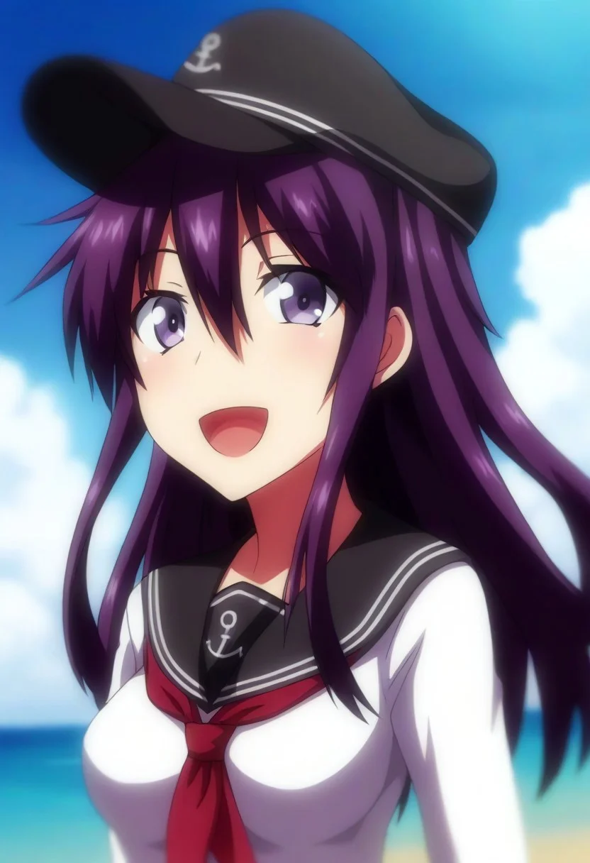 score_9,score_8_up,score_7_up,source_anime,anime, (nsfw:1.0), BREAK,
JoshiLuck_AnimeStyle,
(cute),1girl, akatsuki (kancolle), (medium breasts), purple hair, long hair, hair between eyes, purple eyes,
serafuku, black flat cap, black sailor collar, black mini skirt, long sleeves, neckerchief, red neck ribbon, sailor collar,
looking at viewer,
smile, cheerful, open mouth,
(any pose),
angle:random,
outdoors, shiny light, beach,