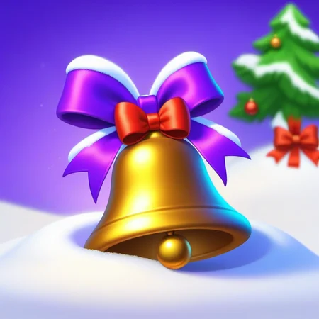 <lora:Christmas bell_XSE_GAME_V1-000014:0.8>,a christmas bell half buried in the snow,purple bow,