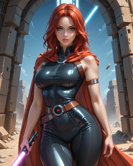 PonyScores7, source_anime, ah1, 1girl, long hair, mature female, (parted hair:1.7), (curvy), round-chin, caucasian, skindentation, thick thighs, wide hips, busty, voluptuous, lips, bad-hands-5, <lora:venus body PonyXL:0.6>, <lora:xl_more_art-full_v1:0.3>, <lora:shinyskin2:0.3> glistening skin, <lora:aesthetic_anime_v1s:0.3>, <lora:Expressive_H:0.3> Expressiveh, <lora:hairdetailpxl:0.3> hairdetailpxl, <lora:EpicF4nta5yXL:0.3>, <lora:detailxl:0.3> detailxl, <lora:Fant5yP0ny:0.3>, best quality, amazing quality, best aesthetic, absurdres, <lora:expressive eyes:0.3> expressive eyes, <lora:eyedetailpxl:0.3> eyedetailpxl, illustration, Volumetric_Lighting, ultra-detailed, very aesthetic, intricate details, 8k, masterpiece, best_quality, (Wistful, A face expressing longing, often with a far-off gaze), (Dutch Angle (from behind) view medium Close shot (focus on waist)), (twirling pose), <lora:Eyes_High_Definition:0.3> EyesHD, looking at viewer, Stable_Yogis_PDXL_Positives, AS-Adult, <lora:Mara_Jade_Skywalker:0.8> Mara Jade, Red hair, green eyes, black high heeled boots, (a lightsaber with red blade), (dark silk cloak, sleeveless leather cat suit), in sith-cave , in a battle, star_wars, <lora:Plasma_Sword:0.8> Plasma Sword, Holding Plasma Sword