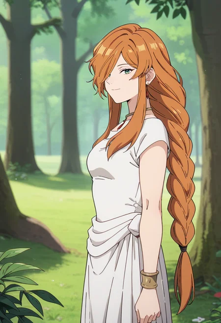 score_9, score_8_up, score_7_up,
<lora:SousouNoFrieren_FlammeXL:0.8>, FlammeSSnF,
1girl, solo, closed mouth, smile,
orange hair, long hair, green eyes, hair over one eye, long braid,
white dress, necklace, ancient greek clothes, short sleeves, long dress,
standing, looking at the viewer, from side,
fantasy, medieval, photo background, forest, tree, moss, stream, stone, leaf, maple tree, grass, nature, blurry background