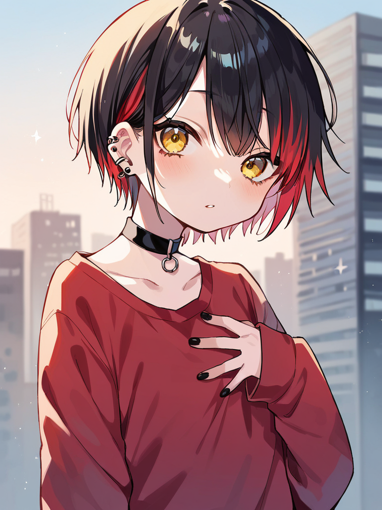 score_9, score_8_up, score_7_up,  
1girl, black hair, red highlights, short hair, yellow eyes, flat chest,
red t-shirt, long sleeves, sleeves past wrists, black nails, hand on own chest, upper body, looking at viewer, choker, blurry background, city, solo, building, ear piercing, earclip,