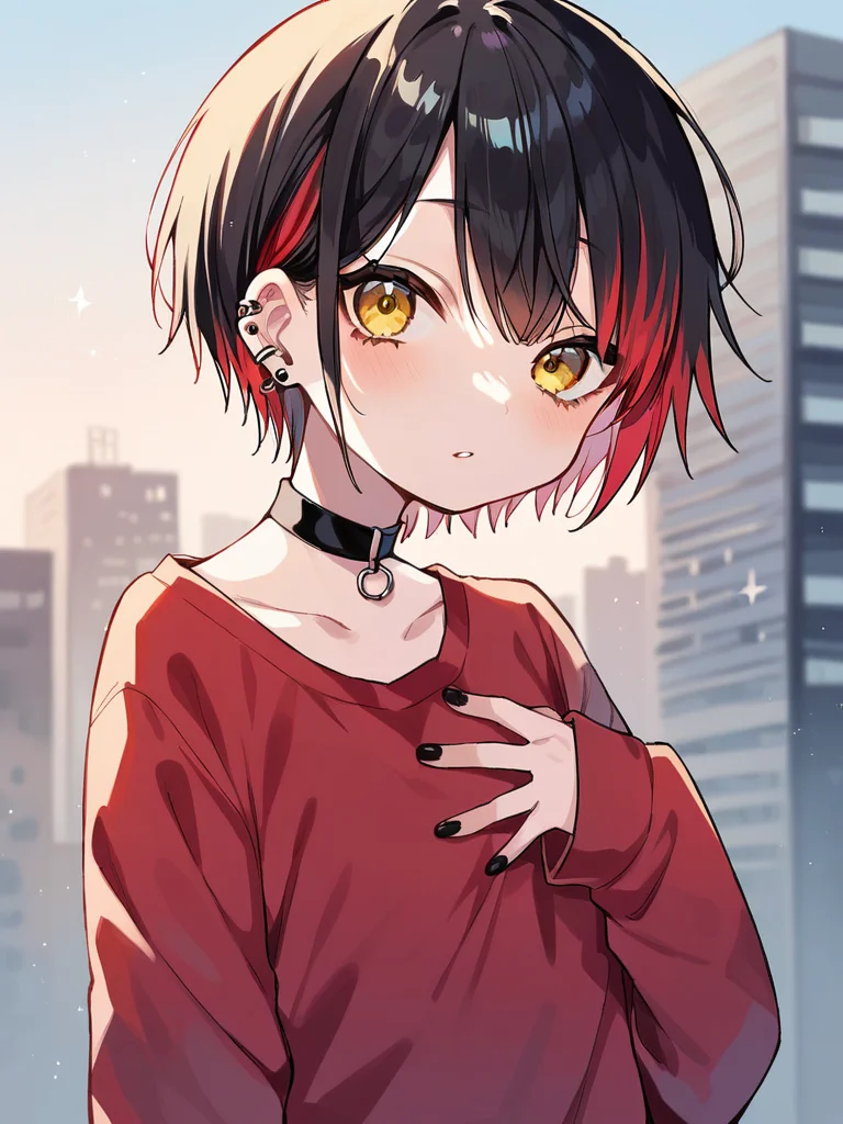 score_9, score_8_up, score_7_up,  
1girl, black hair, red highlights, short hair, yellow eyes, flat chest,
red t-shirt, long sleeves, sleeves past wrists, black nails, hand on own chest, upper body, looking at viewer, choker, blurry background, city, solo, building, ear piercing, earclip,