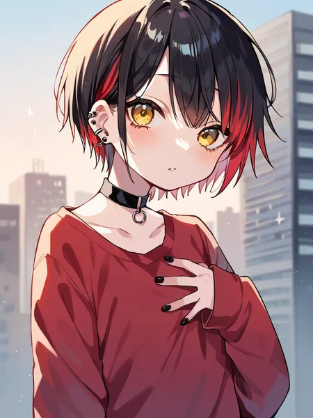 score_9, score_8_up, score_7_up,
1girl, black hair, red highlights, short hair, yellow eyes, flat chest,
red t-shirt, long sleeves, sleeves past wrists, black nails, hand on own chest, upper body, looking at viewer, choker, blurry background, city, solo, building, ear piercing, earclip,