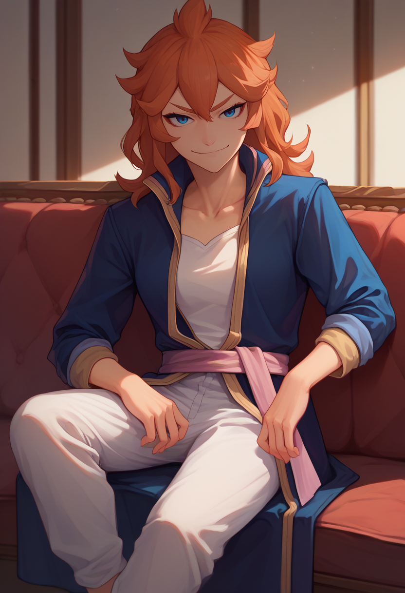 score_9, score_8_up, score_7_up, solo, 1girl, mereoleonavermillion, smirk, looking at viewer, sitting, couch, blue coat, popped collar, white shirt, pink sash, white pants, collarbone, indoors <lora:blackclover_mereoleona_ponyXL:1>