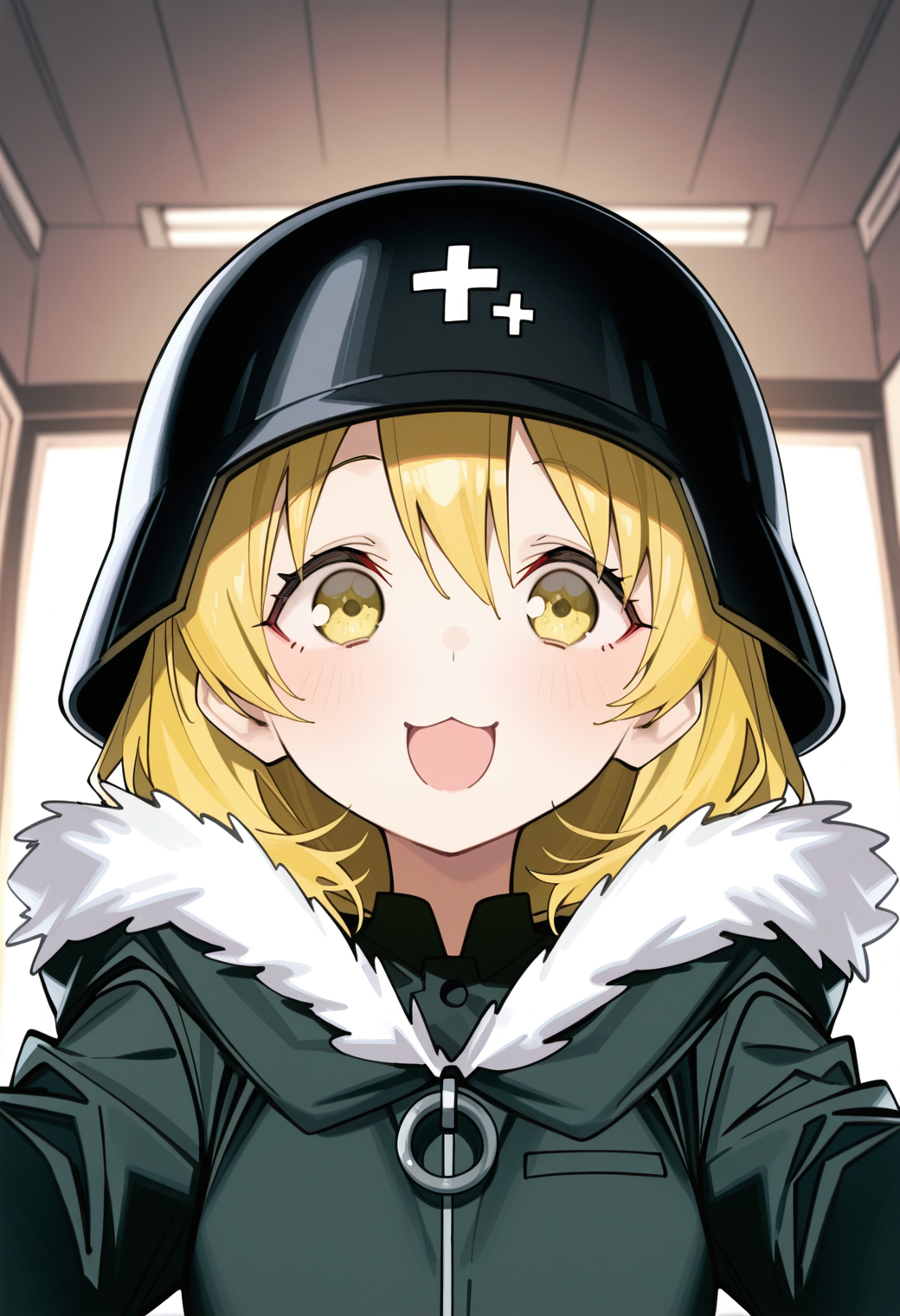 1girl, 1girl, 
(popqn:0.95), (hisona \(suaritesumi\):0.91), syhan, ribiadan, (kitaku \(nakamachi machi\):0.95), (morino hon:0.9), (10mo:1.05), (coyucom:1.05), 
yuu winter military uniform, yuuri glt, yuu military helmetï¼yellow hair, short hair, indoor, hallway, classroom, face focus, smile, pov, :3, year 2023, SFW masterpiece, amazing quality, soft lighting, dim lighting, winter uniform, open mouth, english text, happy new year, indoors, sailor collar, year of the rat, red ribbon, foreshortening, looking at viewer, hair between eyes, solo focus, chinese zodiac, school uniform, yellow eyes, blonde hair, long sleeves, ribbon
a character from the "Love Live! Sunshine!!" series, specifically Ohara Mari. The artwork is created by the talented artist popqn koyasa and features a young girl with blonde hair and striking eyes. She appears to be in a room with soft lighting, adding a warm ambiance to the scene. The overall style of the image is vibrant and detailed, capturing the essence of the character's charm and personality
best quality