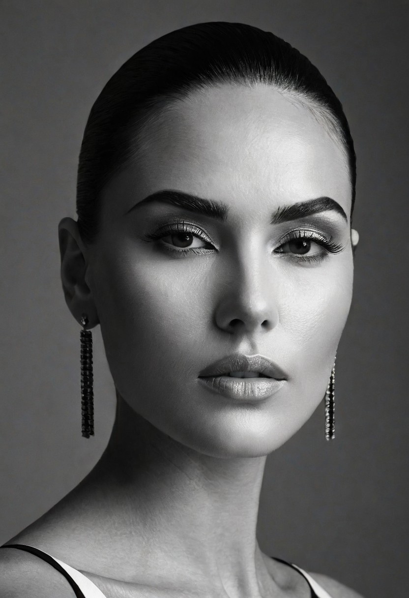 A striking monochrome portrait of a high-fashion model captured in a classic, Vogue-inspired photoshoot. The image focuses on her upper body, showcasing sharp bone structure and flawless skin illuminated by dramatic, high-contrast lighting. Shadows and highlights play artfully across her face, accentuating her high cheekbones, defined jawline, and elegantly arched eyebrows. Her gaze is powerful and direct, exuding confidence and sophistication, with slightly parted lips that add a touch of allure.
Her hair is styled sleekly back, drawing attention to her expressive features and creating a sculpted silhouette against a soft, shadowed background. She wears minimal accessories—perhaps a single, elegant earring catching the light—adding sophistication without distraction. The monochrome palette enhances the texture and contrast, giving her skin a smooth, almost ethereal glow, while the deep shadows add depth and mystery. The overall composition feels timeless and refined, embodying classic beauty and editorial poise with a touch of modern edge.. backinblack, grayscale, monochrome