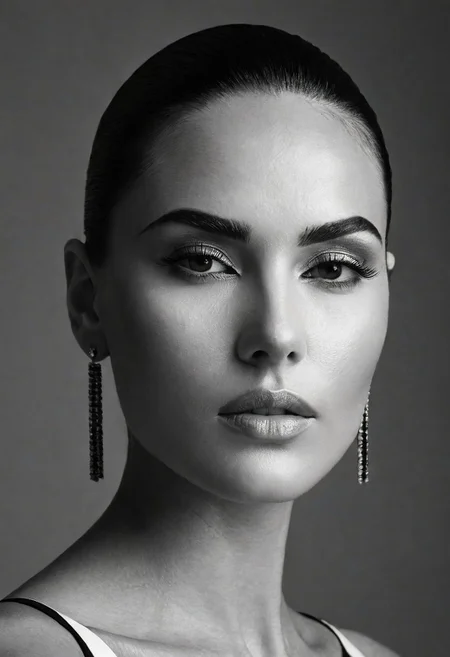 A striking monochrome portrait of a high-fashion model captured in a classic, Vogue-inspired photoshoot. The image focuses on her upper body, showcasing sharp bone structure and flawless skin illuminated by dramatic, high-contrast lighting. Shadows and highlights play artfully across her face, accentuating her high cheekbones, defined jawline, and elegantly arched eyebrows. Her gaze is powerful and direct, exuding confidence and sophistication, with slightly parted lips that add a touch of allure.
Her hair is styled sleekly back, drawing attention to her expressive features and creating a sculpted silhouette against a soft, shadowed background. She wears minimal accessories—perhaps a single, elegant earring catching the light—adding sophistication without distraction. The monochrome palette enhances the texture and contrast, giving her skin a smooth, almost ethereal glow, while the deep shadows add depth and mystery. The overall composition feels timeless and refined, embodying classic beauty and editorial poise with a touch of modern edge.. backinblack, grayscale, monochrome