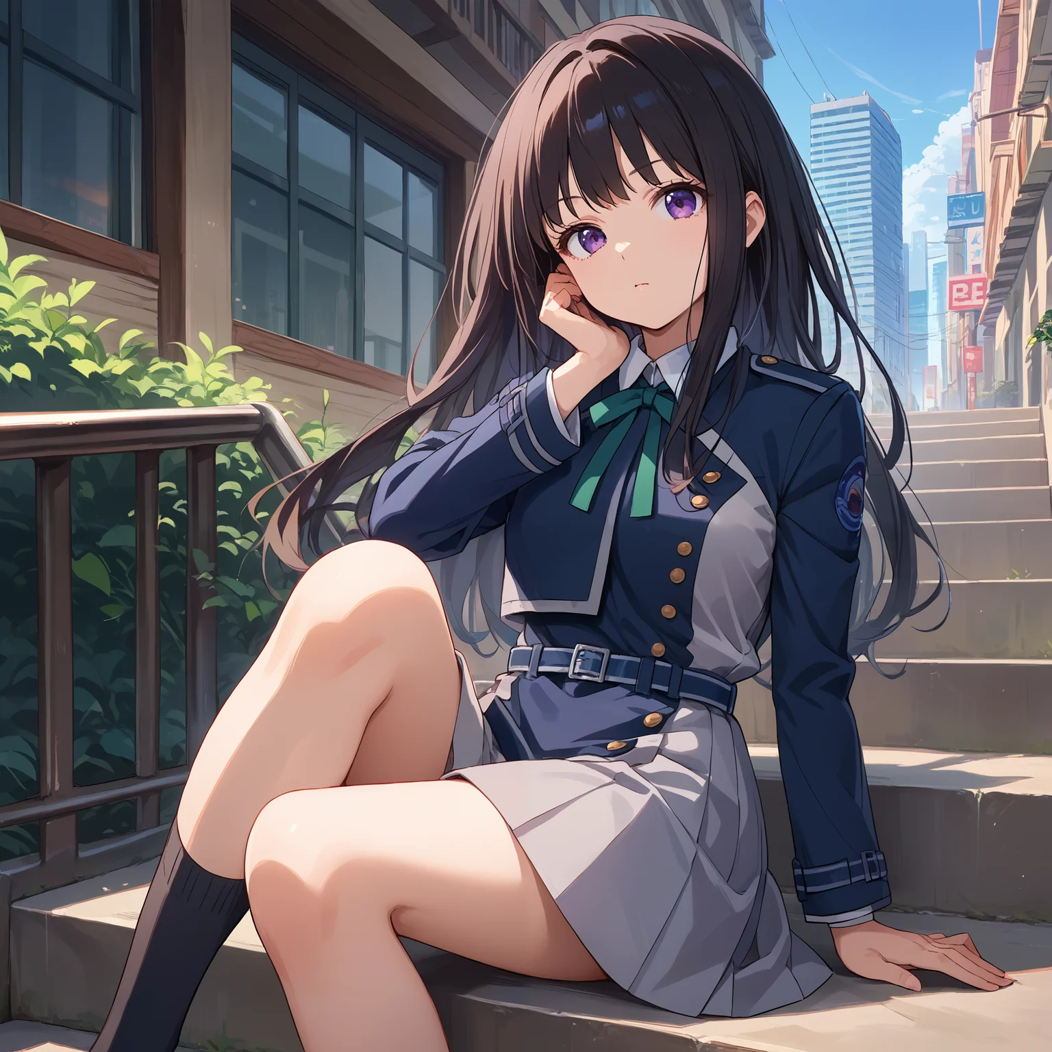 score_9, score_8_up, score_7_up, score_6_up, score_5_up, score_4_up, BREAK source_anime, look at viewer, rating_safe, 1girl, solo, outdoors, city, sitting, on stairs, masterpiece, best quality, high detailed skin, inoue takina, takina def, long hair, black hair, purple eyes, lycoris uniform, long sleeves, green neck ribbon, blue belt, black socks,