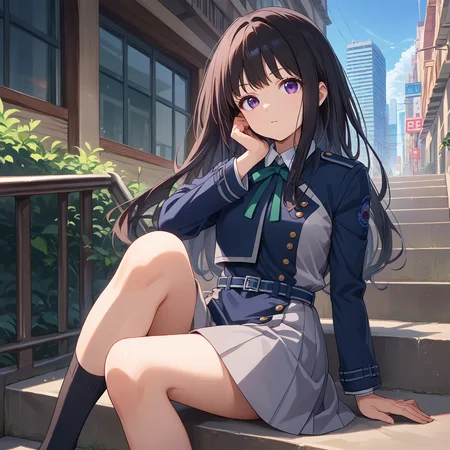 score_9, score_8_up, score_7_up, score_6_up, score_5_up, score_4_up, BREAK source_anime, look at viewer, rating_safe, 1girl, solo, outdoors, city, sitting, on stairs, masterpiece, best quality, high detailed skin, inoue takina, takina def, long hair, black hair, purple eyes, lycoris uniform, long sleeves, green neck ribbon, blue belt, black socks,
