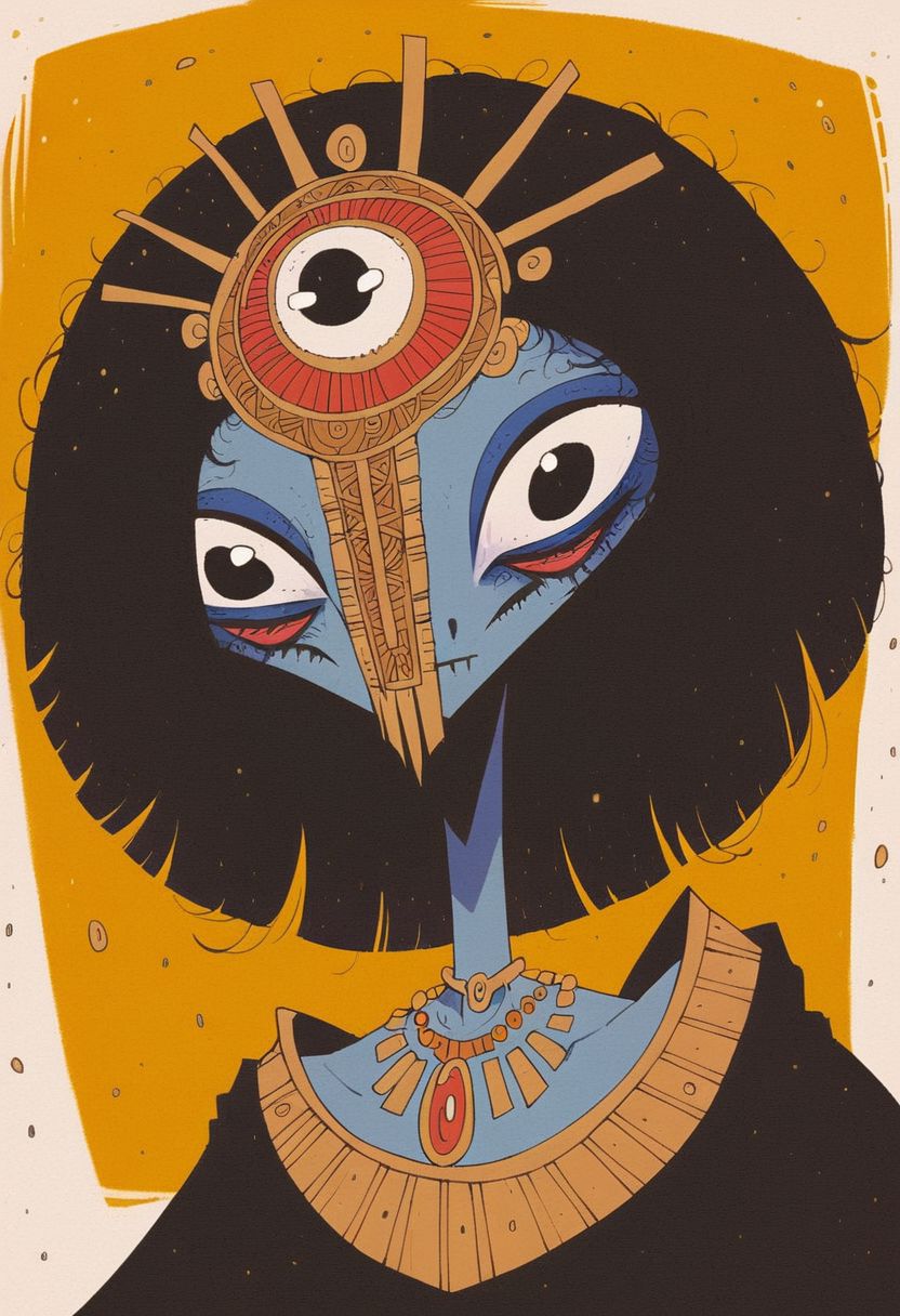 score_9, score_8_up, score_7_up,  Hindu god with beautiful full beard, big eyes, dark blue skin, white eyes, golden jewelry, a belt of skulls, a necklace of severed bloody heads, skinny, exaggerated, dutch angle,
