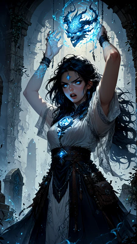 score_9, score_8_up, score_7_up, rating_safe, photo-enhanced, fantasy, 1girl, solo, dnd, d&d, cleric,
see through white linen robe, long hair, black hair, straight hair, parted lips, clear blue glowing eyes,
graveyard, holding amulet above head, arms above head, yell, scream, open mouth, climbing mound of skulls, sunshine from amulet, glowing amulet, disgusted face,
<lora:HKStyle_V3:1> <lora:extremely_detailed:1> <lora:Fant5yP0ny:1> <lora:disgusted_face_xl_goofy:1> <lora:Flash_Glowing_Runes_SDXL:1>