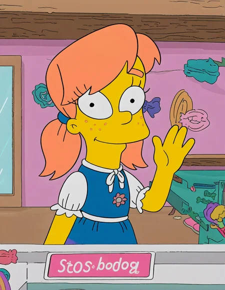 mary_simpsons, girl, freckles, blue dress, orange hair, short twintails, looking at viewer, waving, in candy shop, masterpiece, best quality, 
<lora:the_simpsons:1>