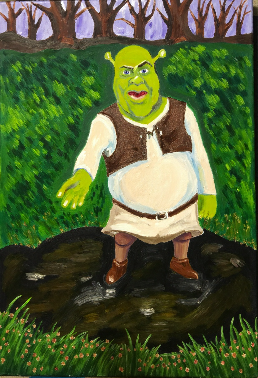 <lora:Thrift_Store_Paintings_FLUX:1>
The image is a vibrant, expressive painting on canvas depicting a scene of Shrek in a swamp.
