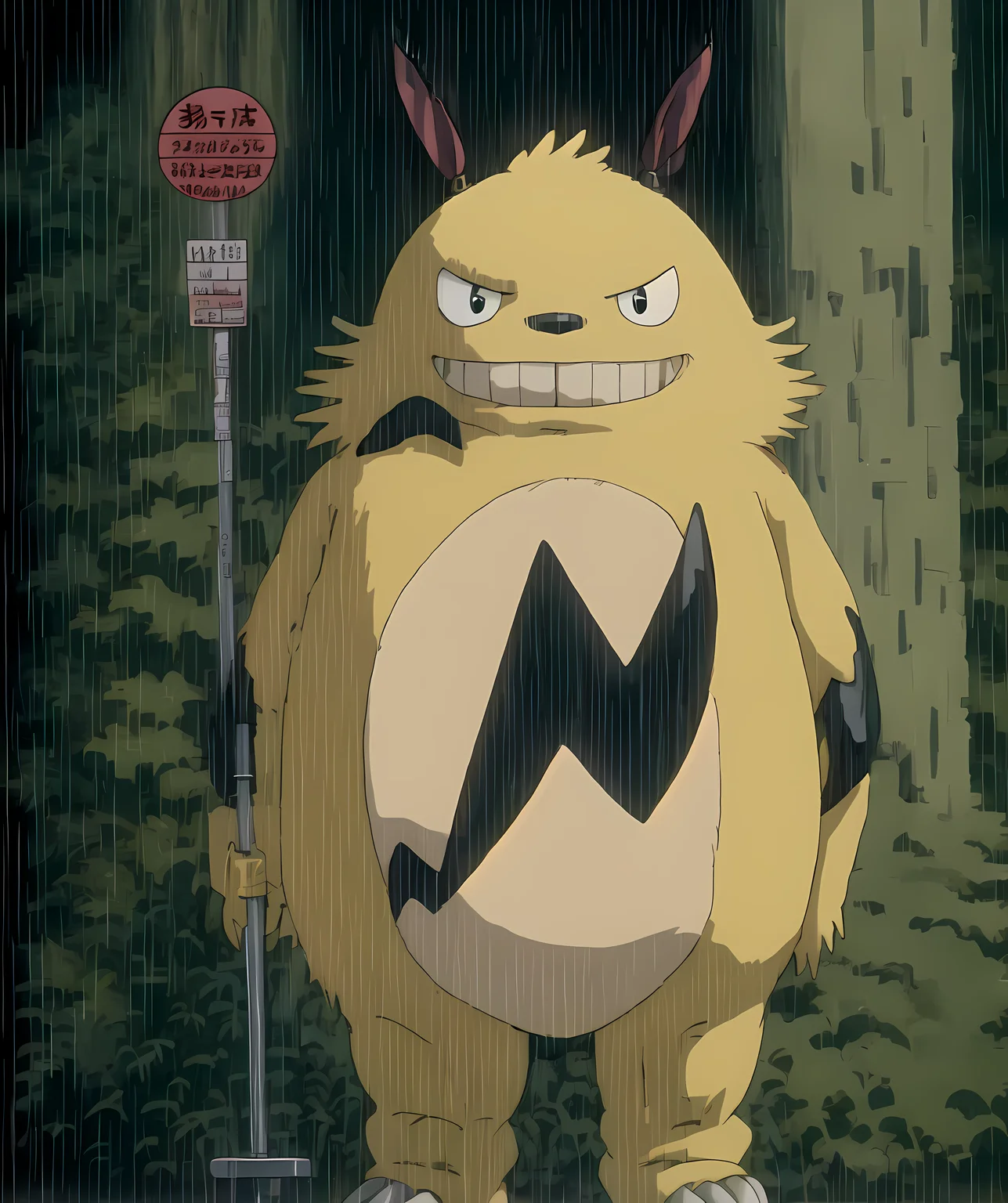 grizzbolt_palworld, standing, looking at viewer, rain, standing on bus sign, ghibli style <lora:Grizzbolt:0.85> <lora:ghibli_style_offset:1>