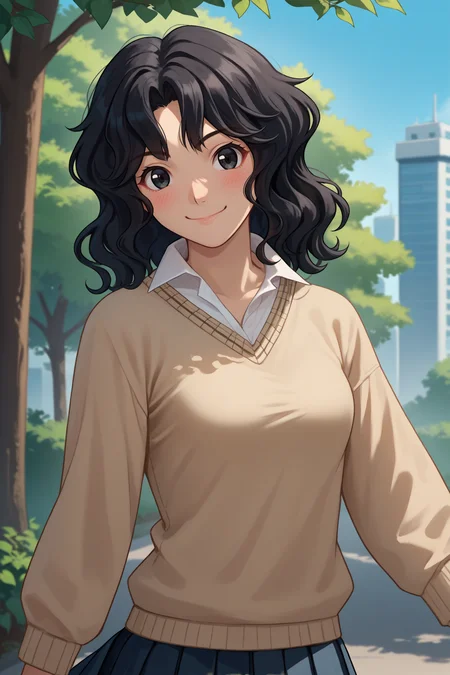 score_9, score_8_up, score_7_up, score_6_up, source_anime, 1girl, solo,  <lora:tanamachikaoru-pdxl-nvwls-v1-000006:1> amagamiTK, black hair, wavy hair, medium hair, black eyes, beige sweater, white shirt, pleated skirt, black skirt, upper body, portrait, looking at you, smile, happy, trees, city, medium breasts, closed mouth, blush, blue sky