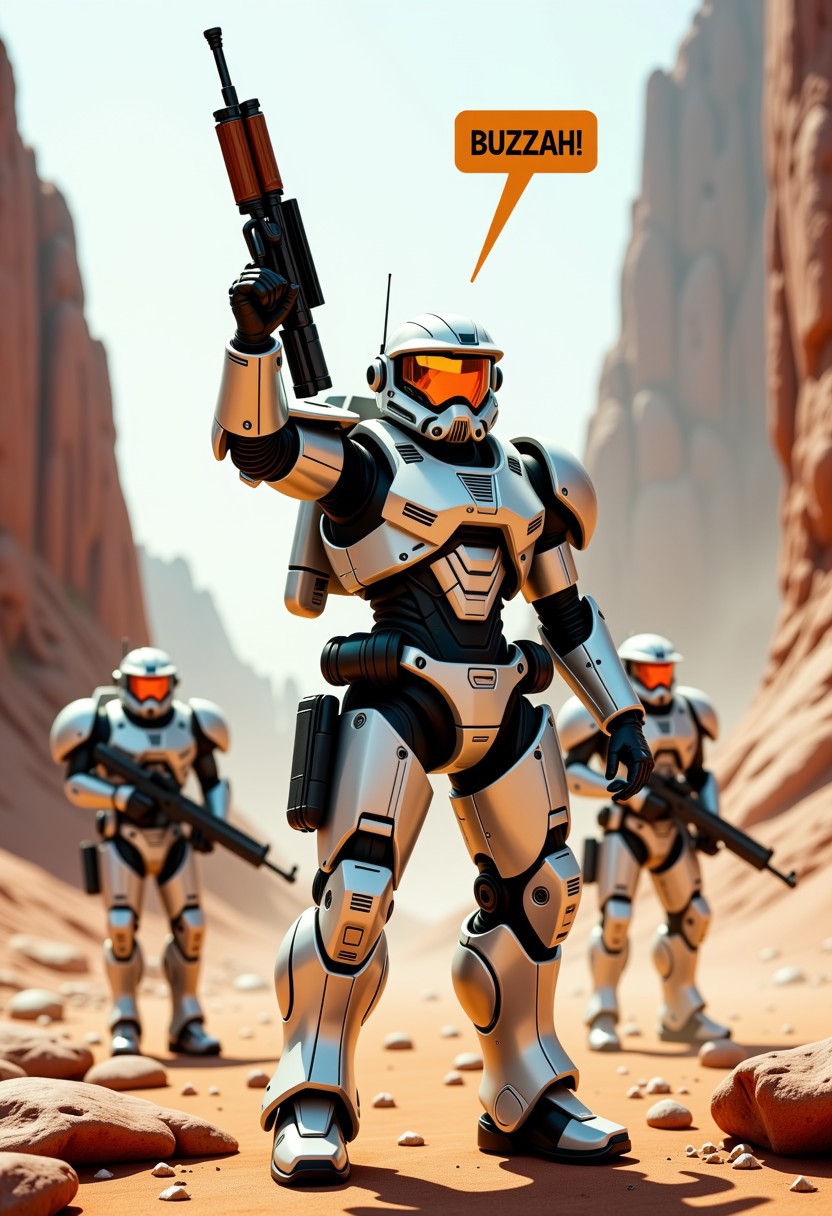 detailed realistic image. realistic scenery, ultra high quality, very detailed, a lightly armored space marine stands in front of his comrades raising his assault rifle above his head on a hostile, alien planet. a speech bubble above his head show the text: "BUZZAH!". masterpiece, 4k, photorealistic, Cyberpunk