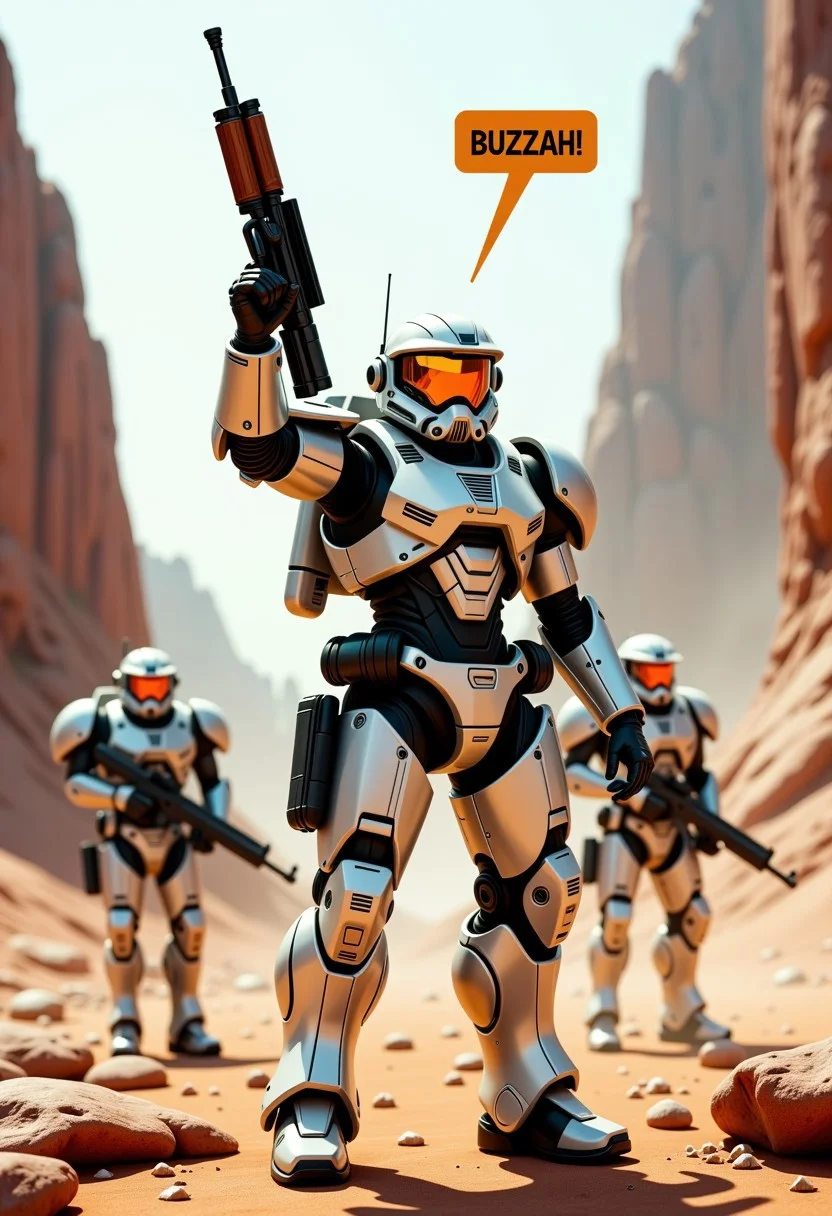 detailed realistic image. realistic scenery, ultra high quality, very detailed, a lightly armored space marine stands in front of his comrades raising his assault rifle above his head on a hostile, alien planet. a speech bubble above his head show the text: "BUZZAH!". masterpiece, 4k, photorealistic, Cyberpunk