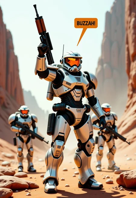 detailed realistic image. realistic scenery, ultra high quality, very detailed, a lightly armored space marine stands in front of his comrades raising his assault rifle above his head on a hostile, alien planet. a speech bubble above his head show the text: "BUZZAH!". masterpiece, 4k, photorealistic, Cyberpunk