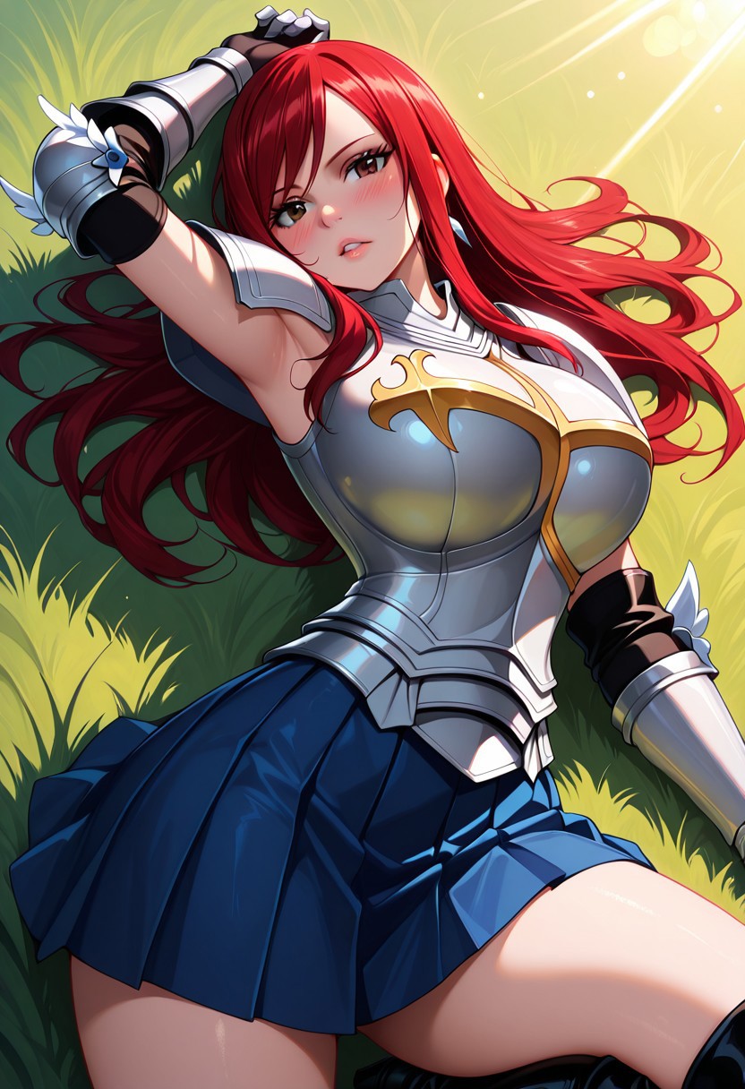 masterpiece, best quality, amazing quality, dynamic view,  solo, dynamic view,  solo, 1girl, masterpiece, best quality, bokeh, luminescent background, 
(erzascarlet,,
 red hair, long hair, earring,  brown eyes, shoulder tattoo, fairy tail tattoo, large breasts,,
 armor, breastplate, gauntlets, pauldrons, shoulder armor, pleated skirt, blue skirt, khee boots, black boots, 
, ), 
 looking_at_viewer, 1girl, masterpiece, best quality, bokeh, luminescent background, girl, solo, arm up, blush, looking at viewer, lying, on back, parted lips, grass, sunlight,