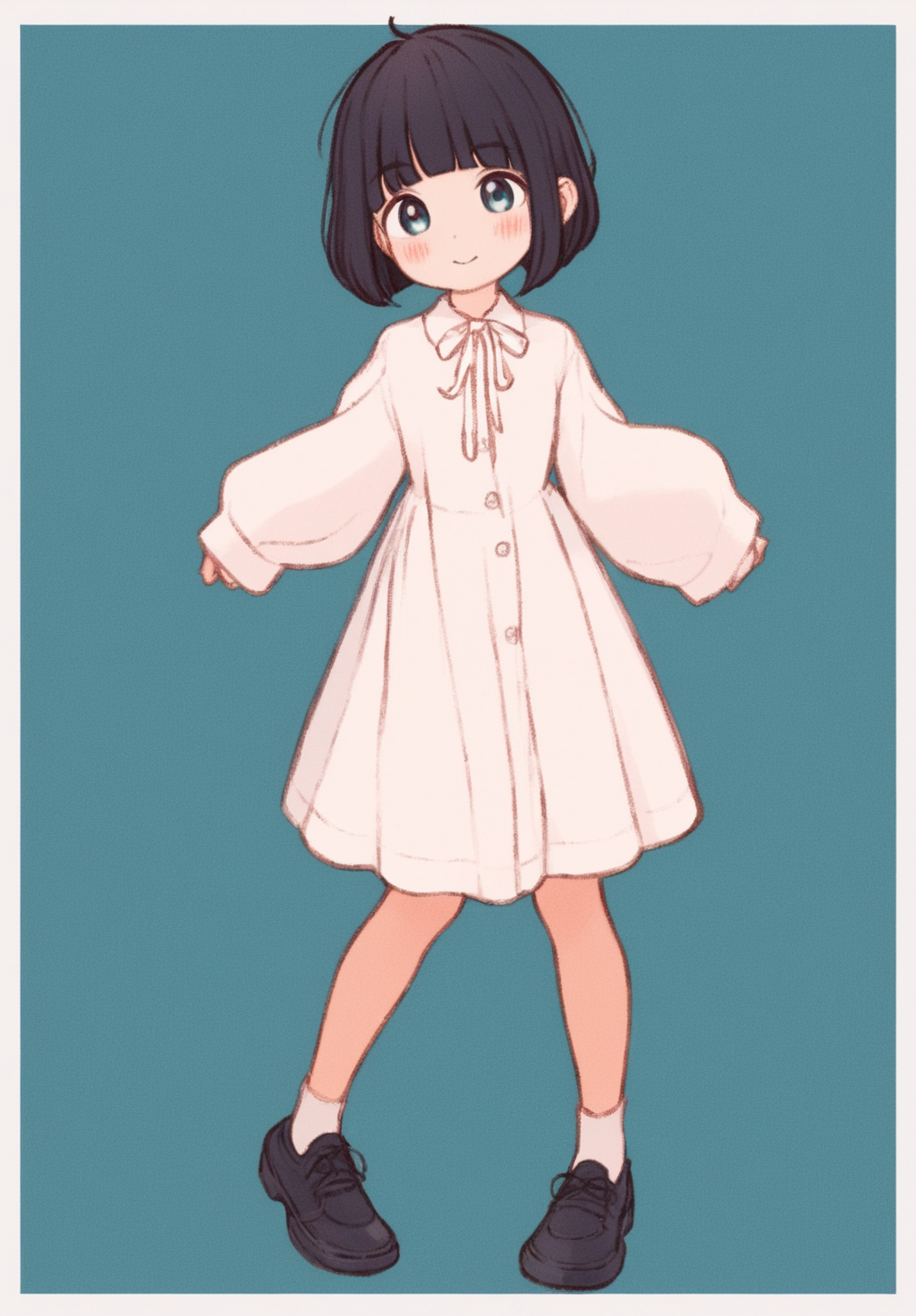 score_9, score_8_up. score_7_up,  <lora:kawaguchi:1>, kawaguchi, uncensored, score_9, kawaguchi, 1girl, black hair, full body, smile, short hair, long sleeves, looking at viewer, white socks, black footwear, shoes, closed mouth, blush, white dress, standing, blunt bangs, white ribbon, shirt, bob cut, blue eyes, sleeves past wrists, blue background, puffy sleeves, simple background, white border, neck ribbon