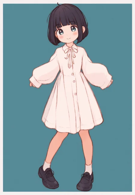 score_9, score_8_up. score_7_up, <lora:kawaguchi:1>, kawaguchi, uncensored, score_9, kawaguchi, 1girl, black hair, full body, smile, short hair, long sleeves, looking at viewer, white socks, black footwear, shoes, closed mouth, blush, white dress, standing, blunt bangs, white ribbon, shirt, bob cut, blue eyes, sleeves past wrists, blue background, puffy sleeves, simple background, white border, neck ribbon