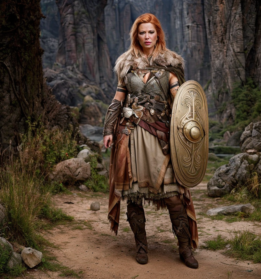 RAW photo, (masterpiece:1.3), subsurface scattering, heavy shadow, (high quality:1.4), (intricate, high detail:1.2), professional photography, HDR, High Dynamic Range, realistic, ultra realistic, photorealistic, high resolution, film photography, ambient lighting, atmospheric effects, <lora:detail_slider_v4:2>, OverallDetail, Shalina, <lora:Shalina-10:1>, as a fantasy female warrior wearing GauAr armor, cloak, holding a shield,  <lora:GaulArmor:1>,  <lora:zoom_slider_v1:-1>, epiCPhoto
