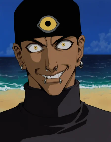 masterpiece, absurdres, best quality, refined digital art, 
Jan Valentine, anime screenshot, 1990s (style), 1boy, nose piercing, piercing, yellow eyes, third eye,  cap, dark-skinned male, dark skin, lip piercing, smile, black hair, nose ring, jewelry, ear piercing, earrings, grin, crazy eyes, beach, outdoors, sunshine, parody,
(chainsaw man, one punch man, tekken, street fighter, the king of fighters:0.2),
cinematic, anime screencap, character art, clear lines, soft colors, anime aesthetic, 1990s, 
artist: hungry clicker, artist: optionaltypo,
<lora:Hellsing classic Illustrious:0.75>