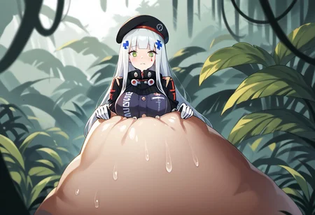 NSFW, looking down, masterpiece, best quality, amazing quality, very aesthetic, score_9,score_8_up, score_7_up, score_6_up, BREAK, official art, solo, outdoors, upper body, (portrait:1.5), looking at viewer, facing viewer, blush, hk416 (girls' frontline), hat,beret, black headwear, very long hair, white hair, x hair ornament, sidelocks, blunt bangs, green eyes, facial mark, teardrop, military jacket, purple jacket, clothes writing, uniform, white gloves, long sleeves, black sleeve, german flag, large breasts, skindentation, <lora:HK416(gf)-Pony:1.3>, (score_9, score_8_up, score_7_up, score_6_up, score_5_up, score_4_up), source_anime,<lora:vore_lower_body-2:1>, slime creature, restrained, vore, Like like, monster, <lora:Like like illus:1>, arms out, arms behind head, Creature massaging her, (jungle:1.2), (blushing), looking down, palmtree blurry background depth of field, (from above:1.3), arms resting on creature