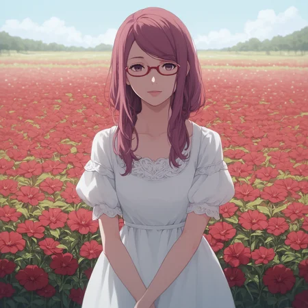 <lora:SlimesRize-000005:1>, score9_up, score8_up, score7_up, score6_up, slimes_rize, woman, solo, dress, red glasses, red flower field background