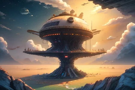 scifi fantasy, painterly concept-art, floating/hovering skydock, part of an astropunk manufacturing facility, where they produce commercial starships, up in the stratosphere, daytime, outdoors, cloudscape, implied scale, implied height, minimalist, [flat vector digital wallpaper style], high resolution, pastel hues, [orange, pearl white, pink, ochre, onyx, cobalt], neon lighting strips,