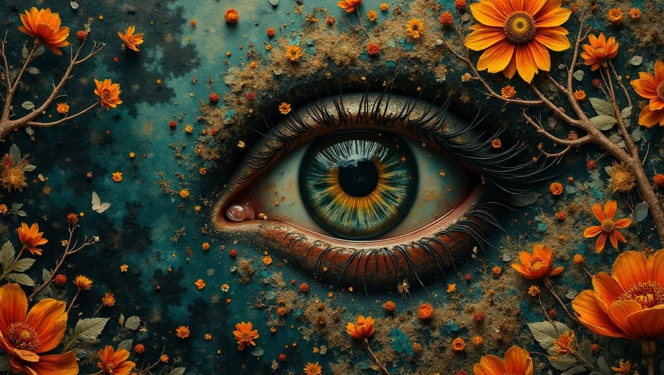 <lora:flux-collagestyle.safetensors:1> darkfantasycollagestyle
In a lush, enchanted grove, a human eye, its irises a deep, luminescent green, is the central focus of this surreal scene. The eye is set against a backdrop of intricate, organic motifs, where orange flowers and brown branches intertwine in a delicate, almost whimsical dance. The eye itself is detailed with intricate patterns, reminiscent of the finest botanical illustrations, with veins and textures that mimic the delicate lines of a flower's petal.
The eye is surrounded by a vibrant floral composition, a blend of orange flowers and earthy brown branches that seem to grow directly from the eye's surface. The flowers, with their rich, warm hues, stand in stark contrast to the cool, shadowy blues of the background, creating a dramatic interplay of light and shadow. The eye's surface is a canvas of intricate designs, with fine, realistic textures that are almost tangible, inviting the viewer to reach out and touch.
Glowing elements, like tiny, golden flecks of light, dance around the eye, adding a sense of magic and mystery to the scene. The overall composition is both mesmerizing and slightly menacing, with a depth of field that draws the eye inward, drawing the viewer into a realm where the boundaries between the natural and the fantastical blur. The eye, with its sharp focus and vivid detail, is the heart of this abstract, nature-inspired art, a testament to the beauty and complexity of the natural world, enhanced by the touch of the fantastical.