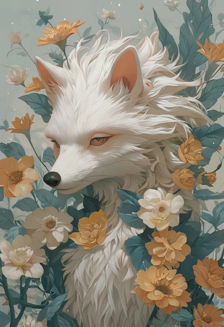 Score_9, score_8_up, score_7_up, score_6 
(dim lighting, light particles, highres, closed_mouth:1.4, absurdres) 
Fl0ralD0lls 
solo, flower, artist name, signature, no humans, animal, leaf, white flower, hedgehog, nestled in leaves, plant, yellow flower, white flower, blue flower, realistic, animal focus, spiky quills, tiny nose