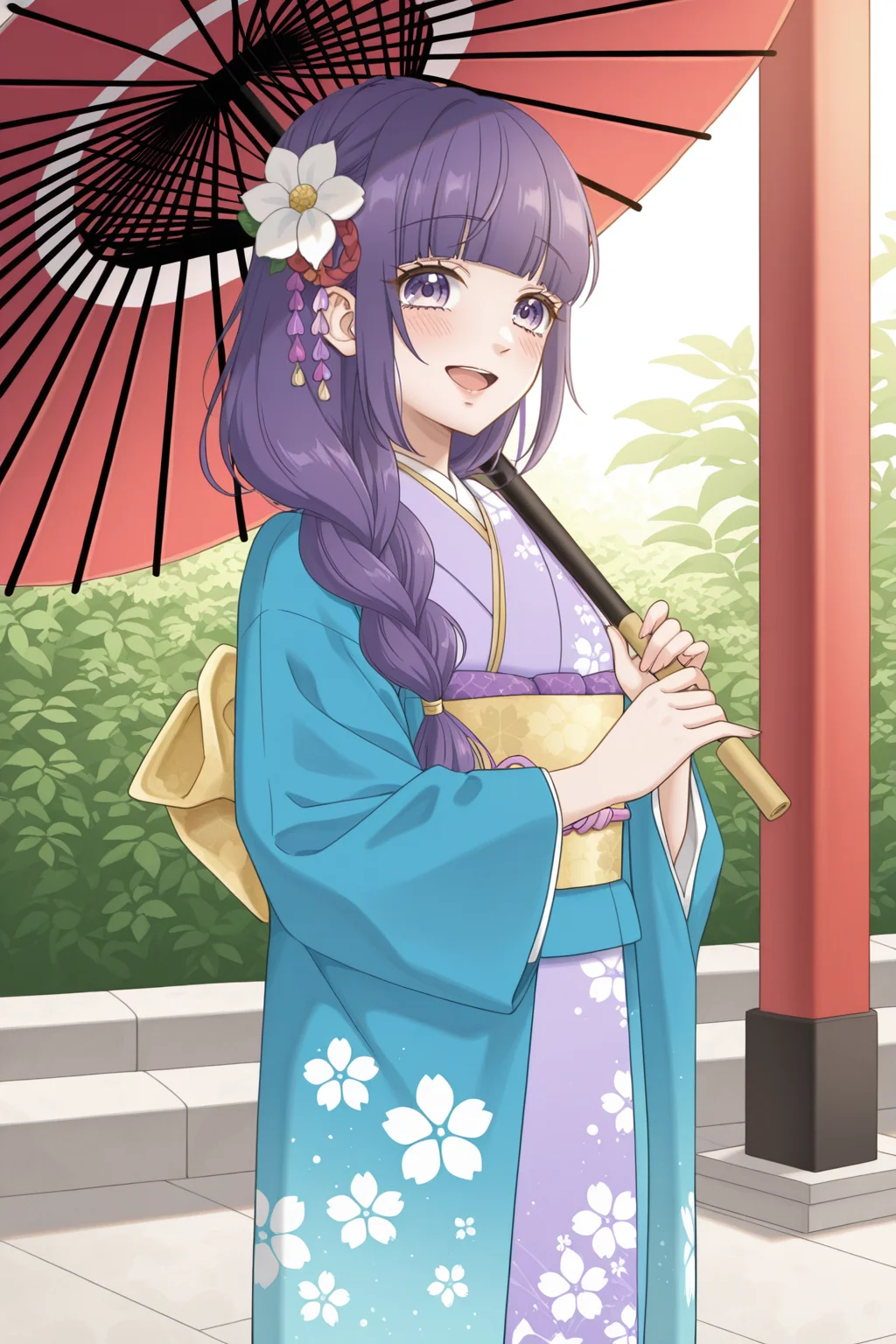 <lora:HoneyLemonSoda:1>, HoneyLemonSoda, 1girl, umbrella, japanese clothes, purple eyes, kimono, solo, hair ornament, flower, hair flower, purple hair, braid, long hair, oil-paper umbrella, looking at viewer, blue kimono, floral print, holding, smile, sash, print kimono, jewelry, holding umbrella, obi, wide sleeves, long sleeves, open mouth, bag, outdoors, blunt bangs, shawl, blush, standing, new year, furisode, frills, purple kimono