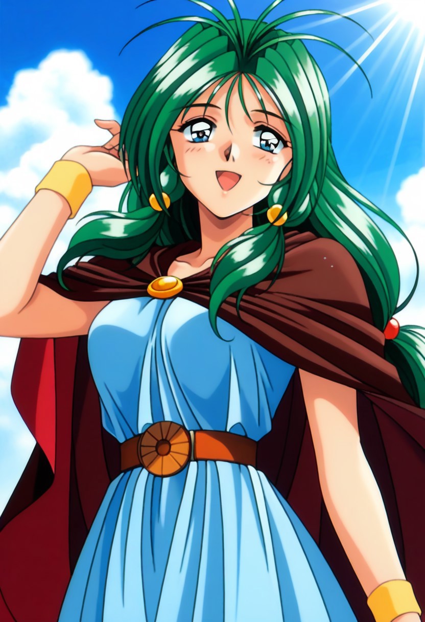 masterpiece, best quality, amazing quality, very aesthetic, high resolution, 1girl, cowboy shot, anime-style, digital art, high resolution, cute girl, smiling, sunlight, bright, clear sky, blue sky, clouds, daytime, outdoor, wind blowing her hair, dynamic pose, cheerful mood, light reflections, detailed background, high quality, beautiful, attractive, light rays, bright lighting, sky, joyful, happy, energetic, bright atmosphere, detailed shading, anime aesthetics, vibrant, lively, braid, jewelry, belt, cape, blue dress, wristband, retro artstyle, 1990s \(style\), 
clairemm, blue eyes, green hair, antenna hair, long hair, low-tied long hair, hair bobbles, medium breasts, mature female,