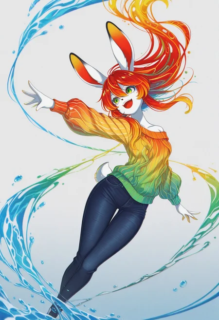 (masterpiece, gradient, recent, good_quality, high_quality, newest, very aesthetic, vibrant_background, abstract_background, colorful, surreal, anime_coloring:1, vectortrace:1, flat_colors:1,rabbit girl,furry,red hair,white rabbit ear,solo,add detailed eyes,green eyes,dressed,happy,long hair,roll-up sweater,jeans,BV-Illu,Dynamic pose, midnight blue gradient background, water,