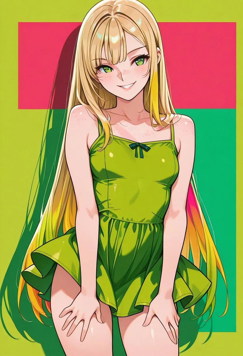 masterpiece, best quality, 32k, high resolution, absurdres, girl,
skindentation, d41z3n, Lizzie, LizzieRH, Adult girl, blonde hair, straight hair, flowing hair, very long hair, ((hair_between_eyes)) , colorful highlights, green eyes, freckles, small mouth, cute full lips, slim, small breasts, fit, short sundress, flowing skirt, panty shot, dynamic pose, halftones background, flat colors, dual color background, bold lines, smiling, teeth, posing cute, dynamic, shadow, hands on thighs, windy, wind lifting skirt