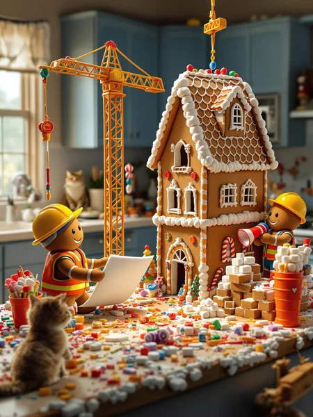 In a kitchen-turned-construction site, gingerbread men in tiny hard hats and reflective vests work on building an elaborate gingerbread mansion. One gingerbread worker operates a candy cane crane, lifting a gumdrop roof into place, while another holds a blueprint made of icing. Nearby, a gingerbread foreman yells into a licorice megaphone, gesturing at a pile of marshmallow bricks that are about to topple. The table is a chaotic mix of sprinkles, frosting, and construction tools made of candy, while a curious cat watches from the counter, ready to pounce on a stray gumdrop,Fantastic lighting. Detailed shadows.intricate details, vivid colors, hyper-detailed, ultra-sharp.
