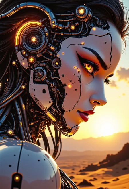 in the style of ck-ncr, in the style of ck-mgs,, closeup side portrait of Female battle android with white faceplate, expressive pink lips, dark eyeshadow, glowing orange eyes, headdress featuring golden wires and glowing lights and circuitry, robot joints and cables, sunset, silhouetted, chiascuro, on alien dusty planet