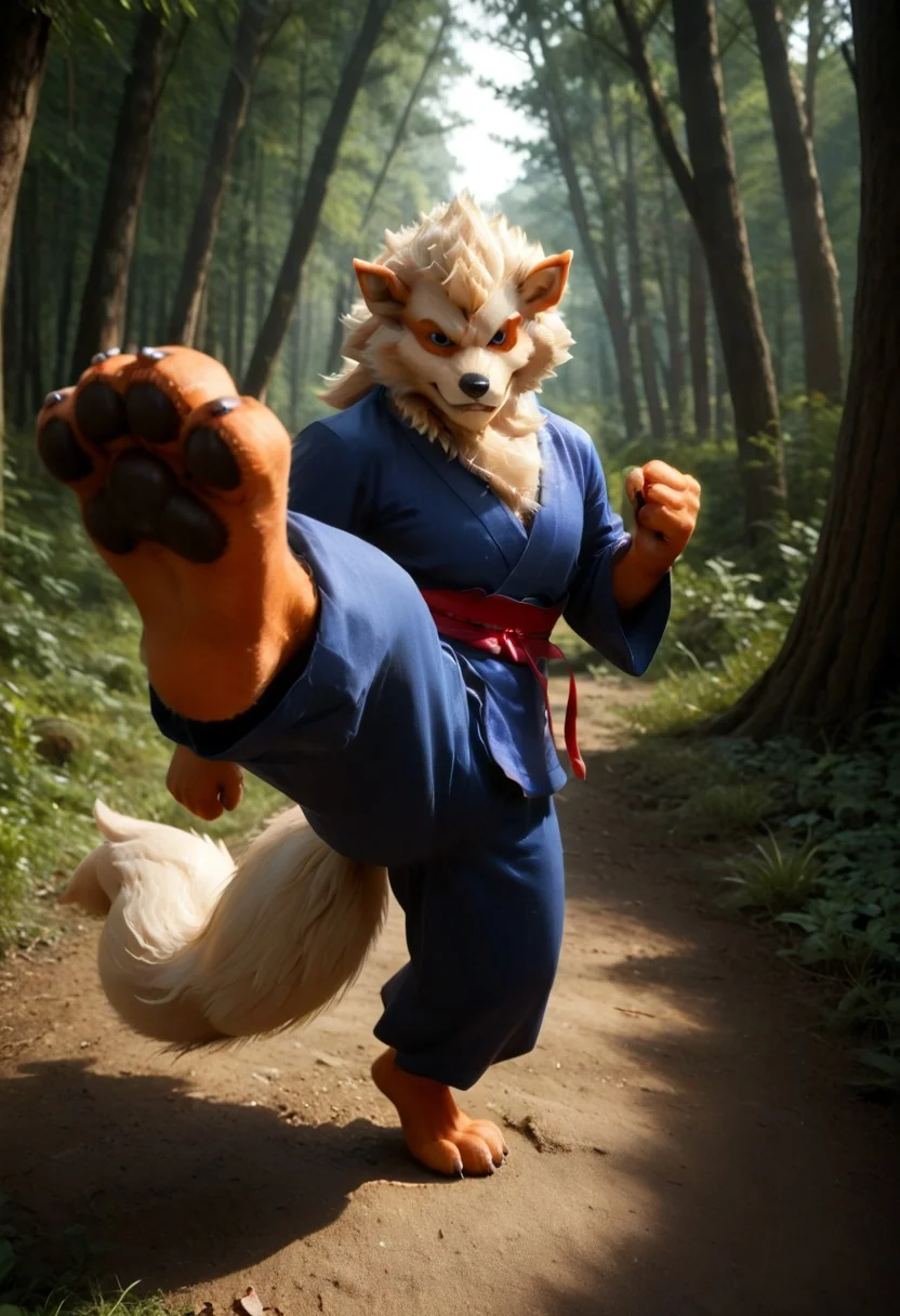 (((Barefoot furry character, full body, cinematic setting, furry male, plantigrade)))
(((Arcanine))), ((blue kimono and pants, training kung-fu on training ground in the forest, fighting stance, dynamic pose, perform side kick)), (((nice feet paws, three toes, claws, pawpad)))
BREAK, intricate details, highly detailed, extreme detail, octane render, fine art, best quality, highres, (detailed face:1.5), ((full_body)), UHD, (((perfect hands))), low light
